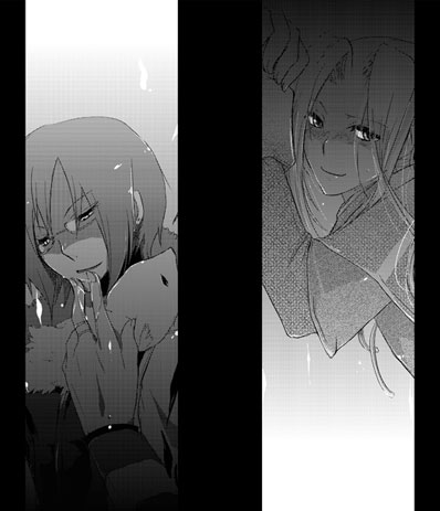 garasukan, bard (ragnarok online), professor (ragnarok online), ragnarok online, commentary request, lowres, 2boys, animal, animal around neck, closed mouth, curtained hair, fox, glasses, greyscale, layered sleeves, long hair, long sleeves, looking at viewer, monochrome, multiple boys, shaded face, shirt, short hair, short over long sleeves, short sleeves, smile, upper body