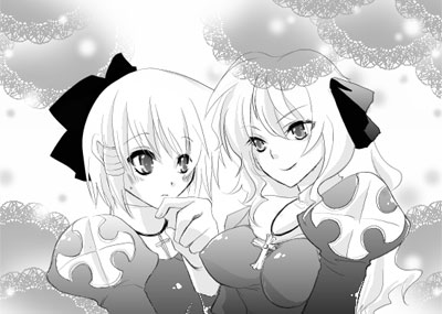 garasukan, priest (ragnarok online), ragnarok online, commentary request, lowres, 2girls, border, bow, breasts, closed mouth, cross, cross necklace, flat chest, greyscale, hair bow, hair tubes, jewelry, juliet sleeves, lace, lace border, long hair, long sleeves, looking at another, medium breasts, monochrome, multiple girls, necklace, ornate border, puffy sleeves, short hair, smile, upper body