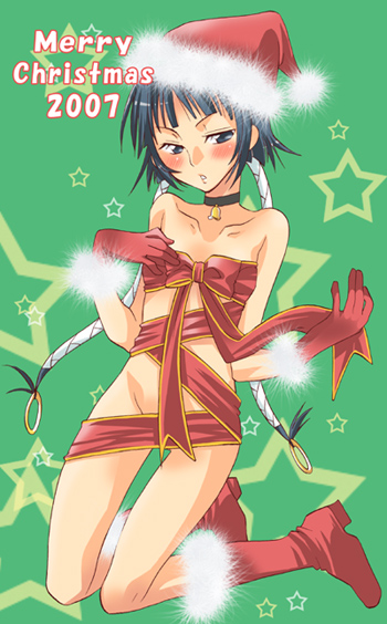 yu-ri (kurione-sha), sui-feng, bleach, 00s, 1girl, blue hair, blush, boots, choker, christmas, female focus, gloves, hat, kneeling, naked ribbon, red gloves, ribbon, santa hat, short hair with long locks, skinny, solo, twintails