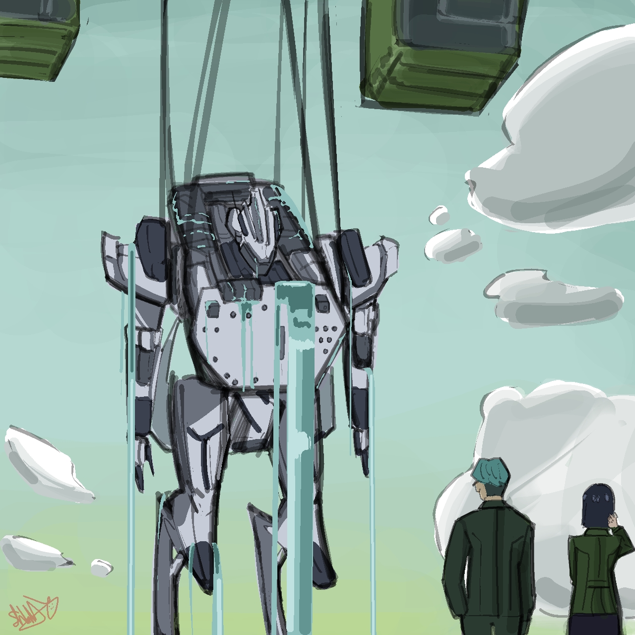 gquuuuuux, armored core, armored core vi: fires of rubicon, fromsoftware, gundam, gundam gquuuuuux, highres, 1boy, 1girl, is this the rose of sharon? (meme), mecha, mecha focus, meme, reverse-jointed legs, robot, science fiction, water