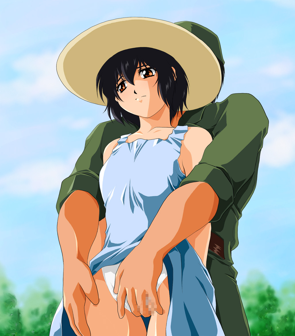 type-r, yuumura kirika, noir (anime), 00s, 1girl, black hair, bob cut, brown eyes, censored, clothes lift, day, dress, dress lift, fingering, from behind, groping, hat, mosaic censoring, outdoors, panties, short hair, solo focus, straw hat, thigh gap, thighs, underwear, white panties