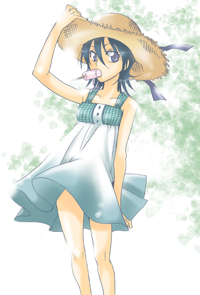 yu-ri (kurione-sha), kuchiki rukia, bleach, 00s, blue hair, dress, food, hat, mouth hold, popsicle, solo, straw hat, sun hat