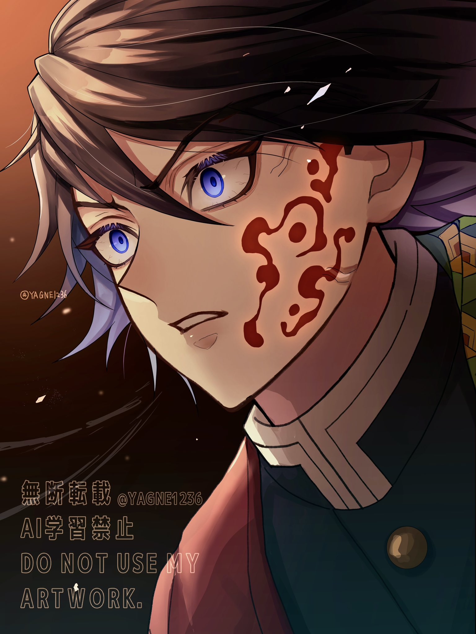 yagne1236, tomioka giyuu, kimetsu no yaiba, highres, 1boy, black hair, black jacket, blood, blood on cheek, blue eyes, buttons, demon slayer uniform, english text, gold buttons, haori, jacket, japanese clothes, kikkoumon, low ponytail, male focus, ponytail, print haori, red haori, solo, spiked hair, teeth, upper body, veiny face, watermark
