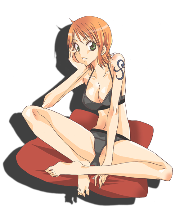 yu-ri (kurione-sha), nami (one piece), one piece, 1girl, barefoot, black panties, bra, breasts, butterfly sitting, cleavage, feet, female focus, green eyes, head rest, lingerie, navel, panties, parted bangs, short hair, shoulder tattoo, simple background, sitting, smile, solo, spread legs, tattoo, underwear, underwear only, white background
