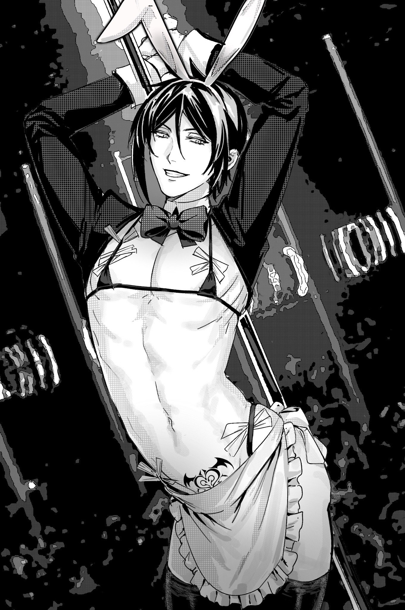 ena33333333, sebastian michaelis, kuroshitsuji, highres, animal ear hairband, animal ears, crossdressing, crossdressing (mtf), fake animal ears, girly boy, hairband, male focus, male playboy bunny, nontraditional playboy bunny, smile