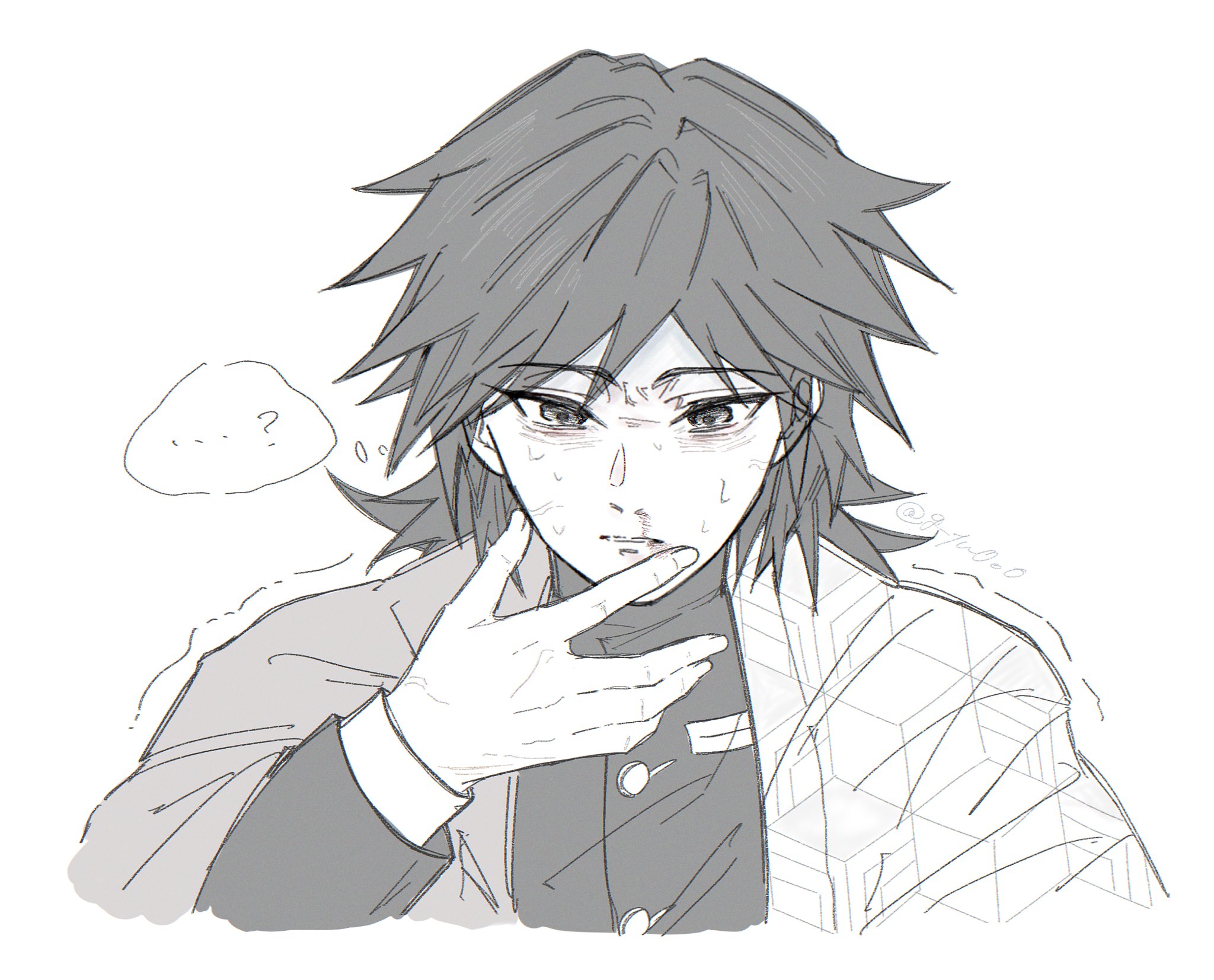 tomioka giyuu, kimetsu no yaiba, highres, 1boy, black hair, black jacket, blood, buttons, confused, demon slayer uniform, g yu0o0, greyscale, hand up, haori, jacket, japanese clothes, kikkoumon, low ponytail, male focus, monochrome, nosebleed, ponytail, print haori, simple background, solo, spiked hair, sweat, upper body, white background