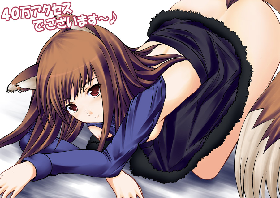 kuronezumi, holo, spice and wolf, 00s, 1girl, animal ears, breasts, brown hair, clothes lift, female focus, long hair, long sleeves, nipples, no panties, red eyes, shirt lift, skirt, skirt lift, small breasts, solo, tail, top-down bottom-up, wolf ears, wolf tail