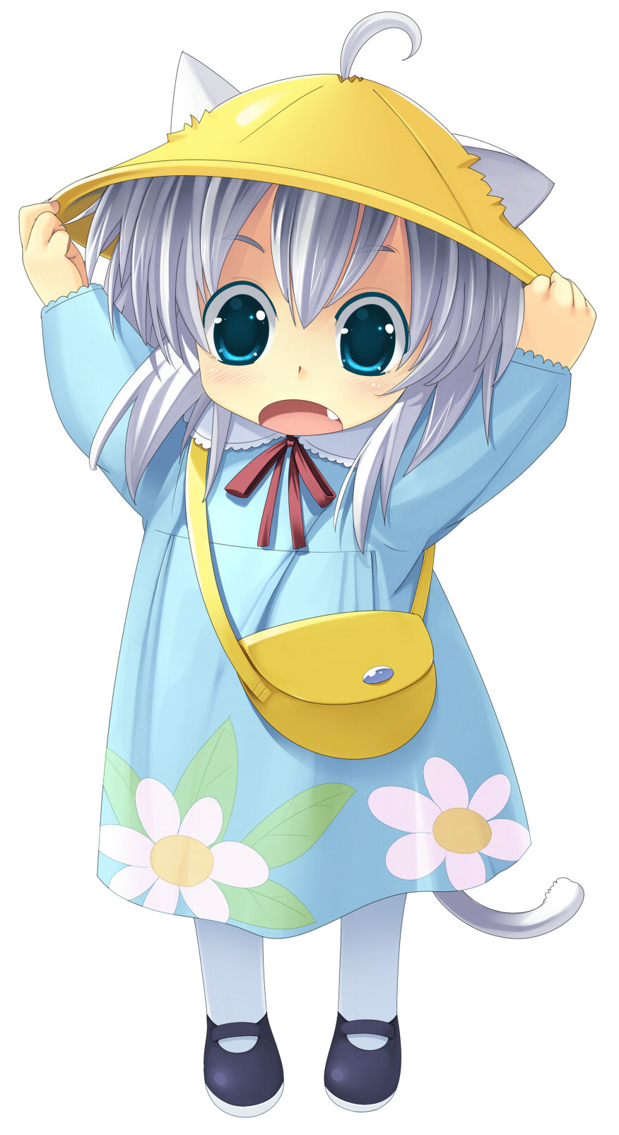 fujishiro touma, highres, 1girl, ahoge, animal ears, bag, blue eyes, cat ears, cat tail, child, fang, female focus, grey hair, hands on headwear, hat, mary janes, satchel, shoes, solo, tail