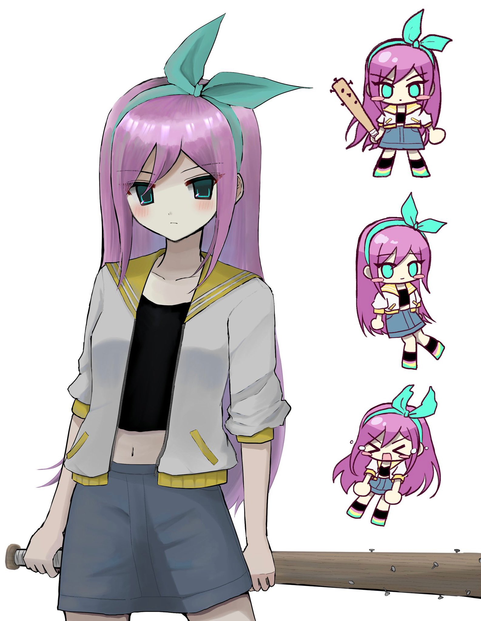 true erg, aubrey (faraway) (omori), aubrey (omori), omori, highres, > <, 1girl, baseball bat, blue eyes, blue hairband, blue skirt, blush, chibi, closed eyes, closed mouth, collarbone, crop top, denim, denim skirt, double-parted bangs, hairband, holding, holding baseball bat, jacket, long hair, looking at viewer, nail (hardware), nail bat, navel, open mouth, pink hair, short-sleeved jacket, short sleeves, simple background, skirt, solo, white background, white jacket