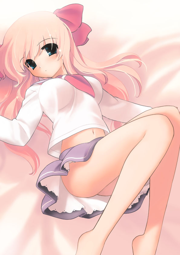 jiji (aardvark), haramura nodoka, saki (manga), 00s, 1girl, barefoot, bed, blue eyes, bow, breasts, female focus, hair bow, large breasts, long hair, lying, navel, no panties, petticoat, pink hair, school uniform, serafuku, solo