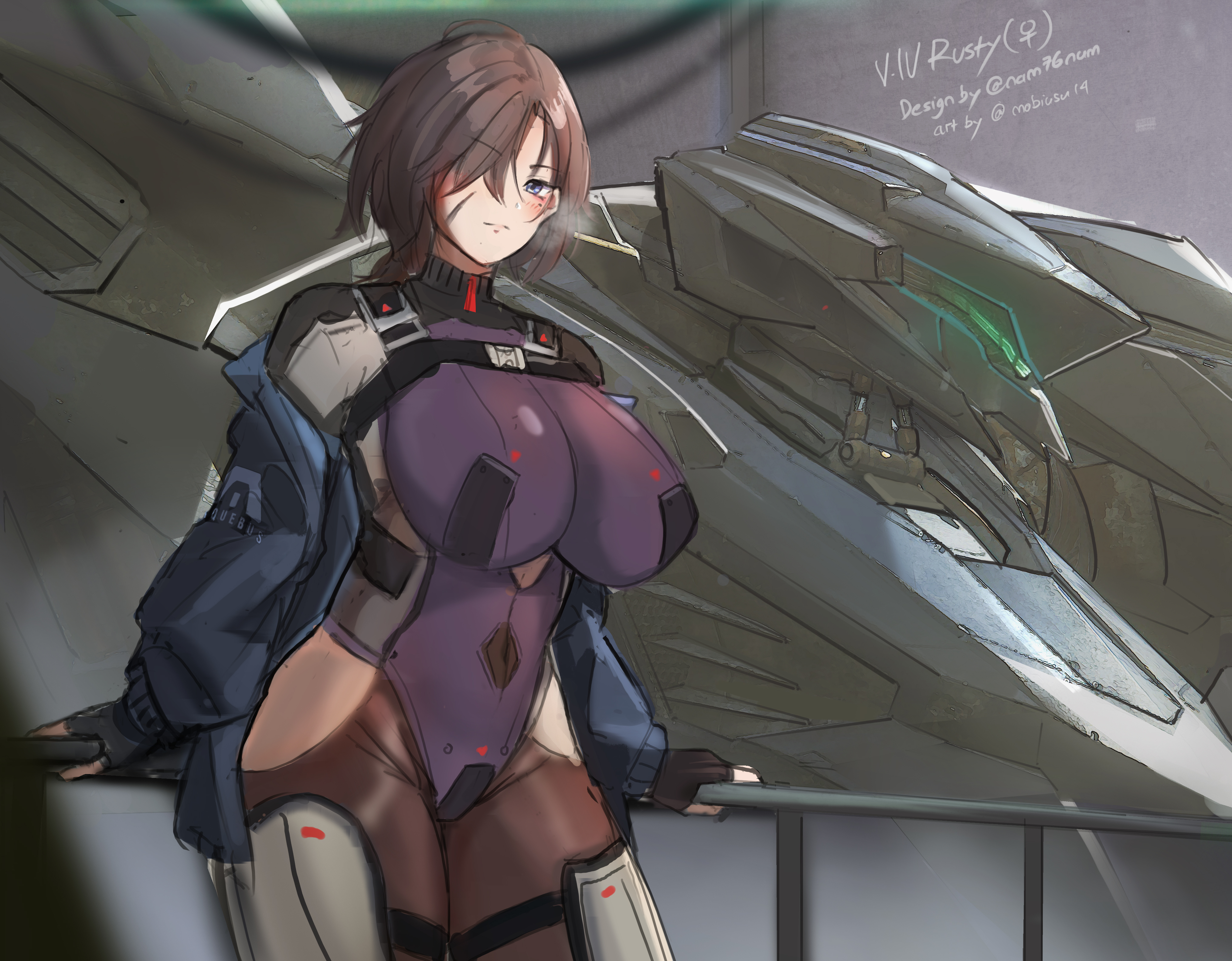 mobius (mobiusu14), v.iv rusty, armored core, armored core vi: fires of rubicon, fromsoftware, absurdres, highres, assault visor, breasts, brown hair, genderswap, genderswap (mtf), machinery, mecha, mecha focus, mecha pilot suit, robot, scar, science fiction