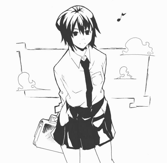 kuchibue, 1girl, bag, female focus, greyscale, monochrome, musical note, necktie, quaver, school bag, school uniform, serafuku, smile, solo