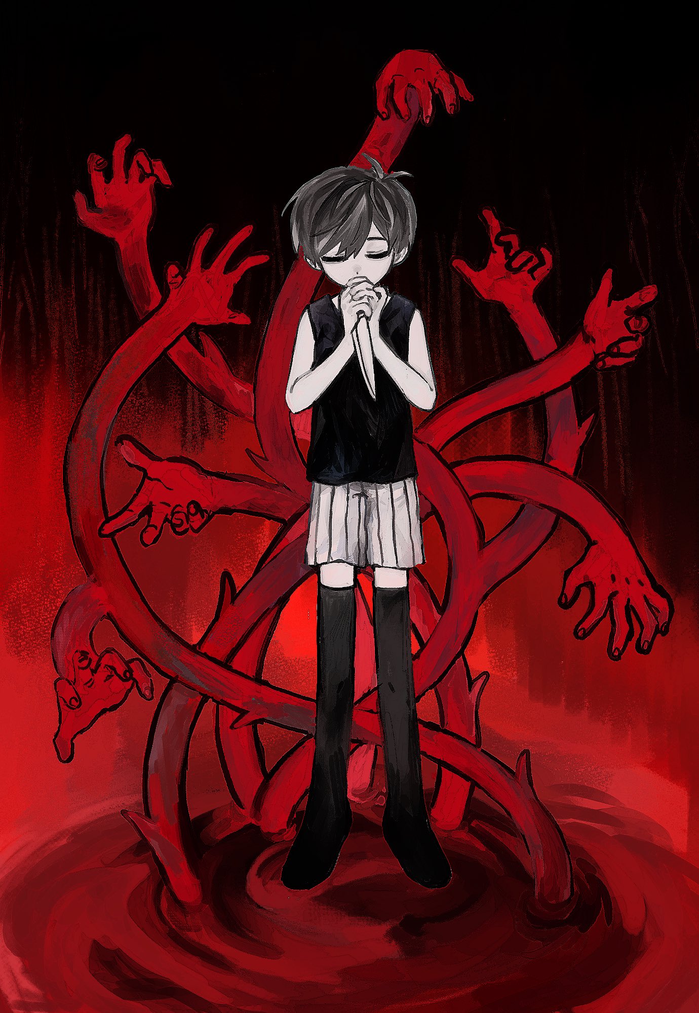 rou (h s sinrin), omori (omori), omori, highres, 1boy, antenna hair, black hair, black tank top, black thighhighs, closed eyes, colored skin, full body, holding, holding knife, knife, male focus, short hair, shorts, solo, striped clothes, striped shorts, tank top, thighhighs, vertical-striped clothes, vertical-striped shorts, white shorts, white skin