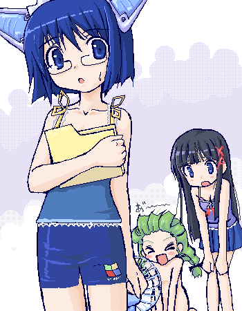 takayaki, 2k-tan, me-tan, xp-tan, os-tan, lowres, > <, 3girls, blue skirt, camisole, closed eyes, electric fan, fanning face, fanning self, folder, glasses, green hair, multiple girls, nude, oekaki, skirt, summer