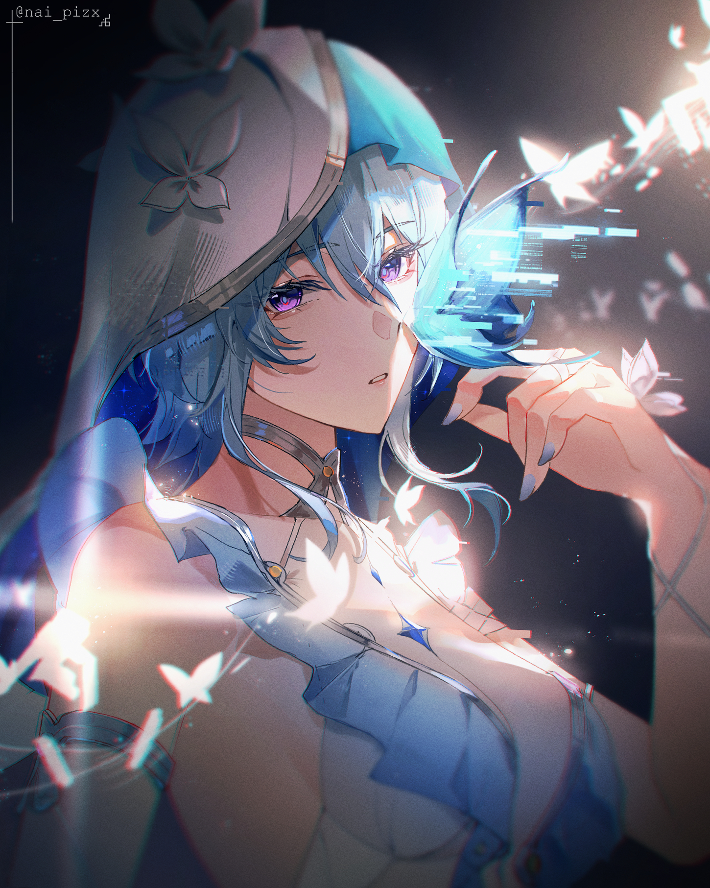 nai pizx, shorekeeper (wuthering waves), wuthering waves, commentary, highres, 1girl, armlet, artist name, blue butterfly, blue hair, blue nails, blue veil, breasts, bug, butterfly, butterfly on hand, chromatic aberration, colored eyelashes, fingernails, hair between eyes, hand up, insect, jewelry, long hair, looking at viewer, medium breasts, nail polish, parted lips, purple eyes, solo, two-tone veil, upper body, veil, white veil