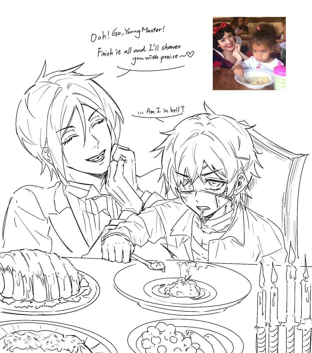 ena33333333, ciel phantomhive, sebastian michaelis, kuroshitsuji, derivative work, highres, photo-referenced, 2boys, butler, eating, eyelashes, food, formal clothes, gloves, hair between eyes, male focus, multiple boys, shirt, short hair, smile, suit, tareme