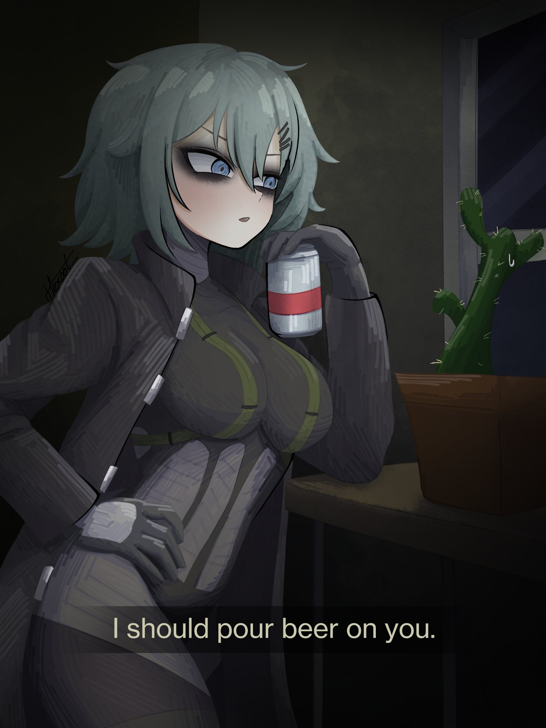 hexoot, marie (peripeteia), peripeteia, absurdres, highres, 1girl, bags under eyes, beer can, black bodysuit, black coat, blue eyes, bodysuit, bodysuit under clothes, breasts, cactus, can, coat, drink can, grey hair, hair ornament, hairclip, hand on own hip, holding, indoors, lens eye, medium breasts, open clothes, open coat, pale skin, plant, popped collar, potted plant, short hair, solo, standing, trench coat