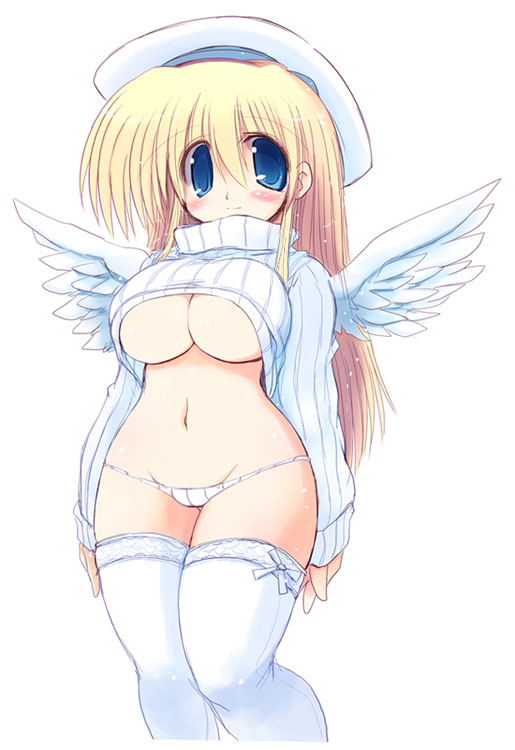 sakaki (noi-gren), original, 1girl, angel, angel wings, blonde hair, blue eyes, breasts, curvy, female focus, hat, hip focus, large breasts, long hair, panties, solo, thighhighs, underboob, underwear, white thighhighs, wide hips, wings