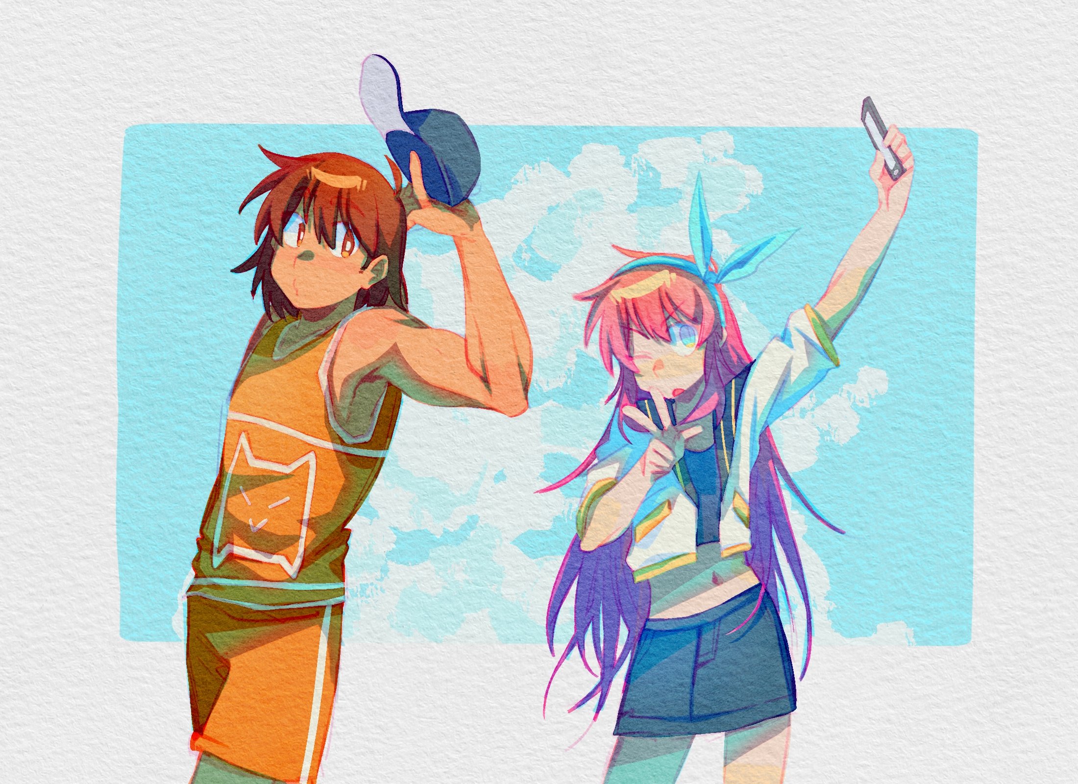 aubrey (faraway) (omori), aubrey (omori), kel (faraway) (omori), kel (omori), omori, highres, 1boy, 1girl, arm up, baseball cap, blue hairband, blue hat, blue skirt, bright pupils, brown eyes, brown hair, cellphone, closed mouth, crop top, dark-skinned male, dark skin, denim, denim skirt, hairband, hat, holding, holding unworn clothes, holding unworn hat, huasuan69416, jacket, long hair, looking at another, navel, one eye closed, open mouth, orange shorts, phone, pink hair, short hair, shorts, skirt, smartphone, unworn hat, unworn headwear, v, white jacket, white pupils