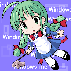 takayaki, me-tan, microsoft windows, os-tan, windows classic, windows me, lowres, ahoge, braid, chibi, duster, green eyes, green hair, oekaki, solo, thighhighs, twin braids