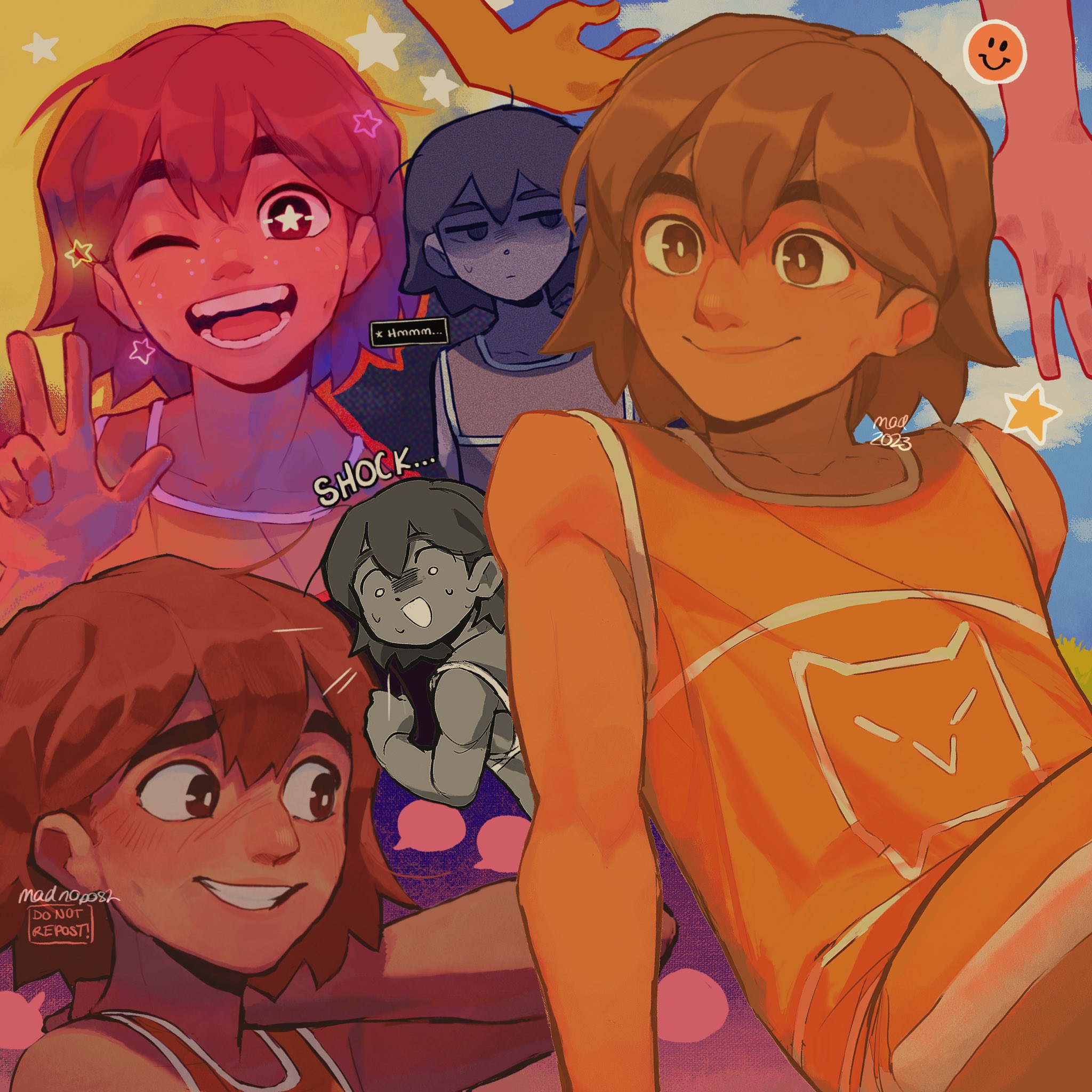 madnopost, kel (faraway) (omori), kel (omori), omori, highres, 1boy, 2023, arm behind head, artist name, bright pupils, brown eyes, brown hair, closed mouth, dark-skinned male, dark skin, double-parted bangs, grin, male focus, open mouth, short hair, smile, solo, star-shaped pupils, star (symbol), sweatdrop, symbol-shaped pupils, teeth, tongue, v, white pupils