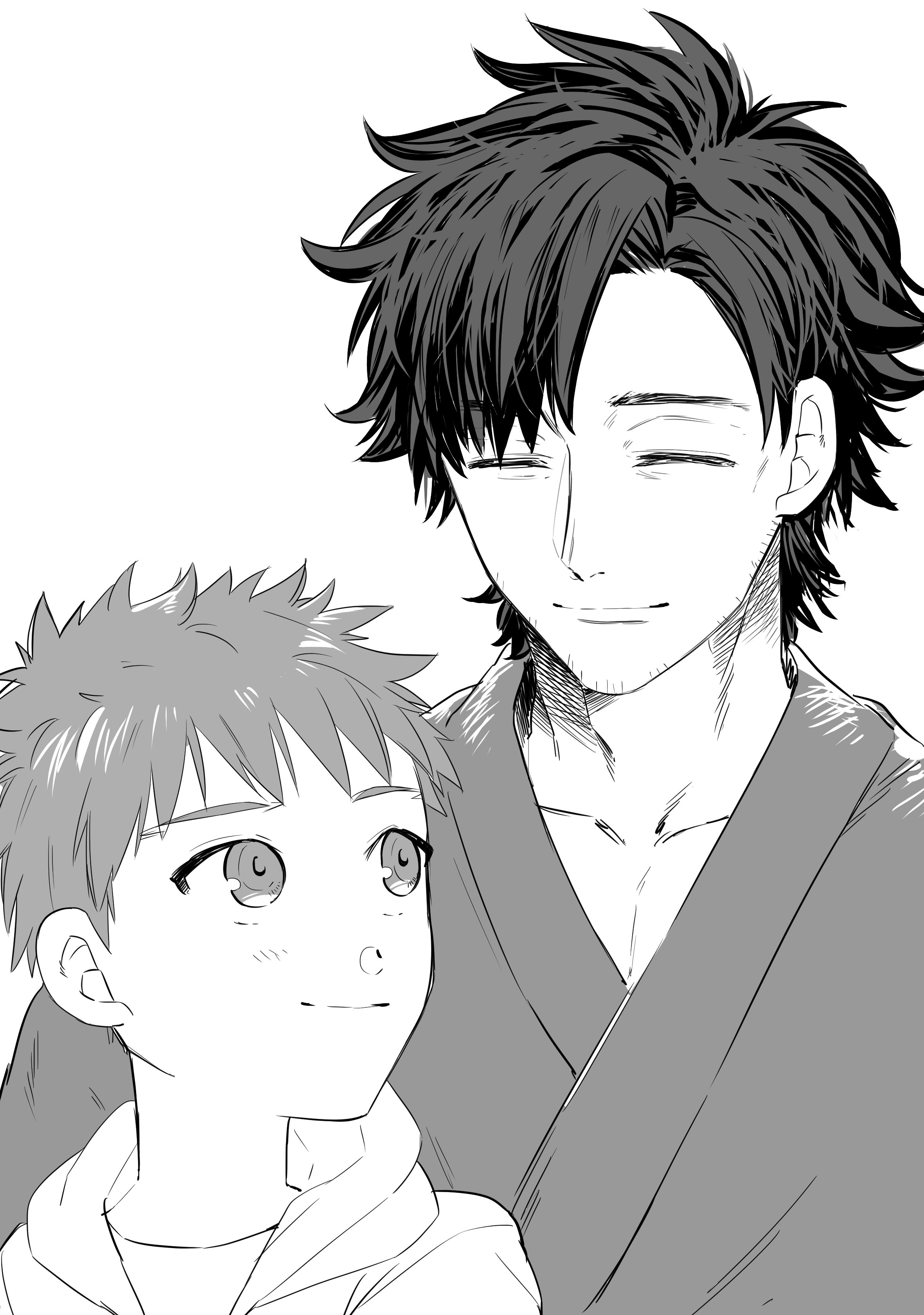 kkk irino, emiya kiritsugu, emiya shirou, fate/zero, fate (series), absurdres, commentary request, highres, 2boys, beard stubble, closed eyes, crosshatching, facial hair, father and son, greyscale, hatching (texture), hood, hoodie, male focus, monochrome, multiple boys, smile, step-parent and step-child, stubble