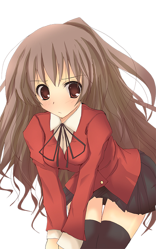 rikudou inuhiko, aisaka taiga, toradora!, 00s, 1girl, black thighhighs, blazer, cowboy shot, female focus, jacket, long hair, miniskirt, school uniform, simple background, skirt, solo, thighhighs, very long hair, white background