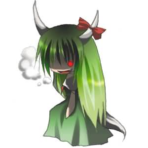 ex-keine, kamishirasawa keine, touhou, lowres, 1girl, caved (touhou), chibi, female focus, full body, green hair, grin, horns, red eyes, ribbon, simple background, smile, solo, standing, white background