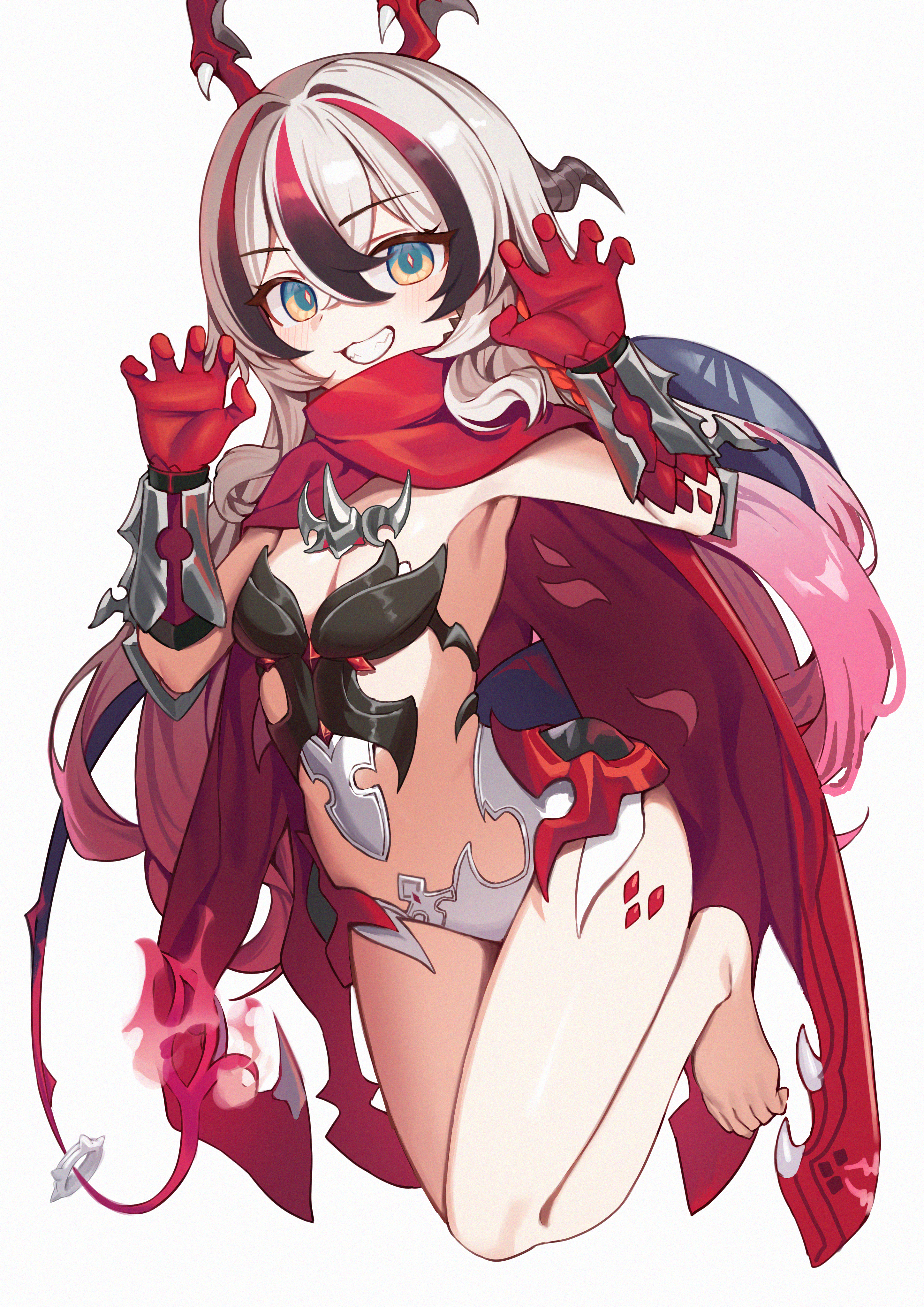 jinggun, coralie 6626 planck, coralie 6626 planck (behold! fate-defying dragon), honkai (series), honkai impact 3rd, absurdres, highres, 1girl, :d, armor, barefoot, bikini armor, breasts, claw pose, dragon girl, dragon horns, gloves, grey hair, grin, horns, long hair, looking at viewer, open mouth, red gloves, simple background, small breasts, smile, solo, teeth, toes, white background