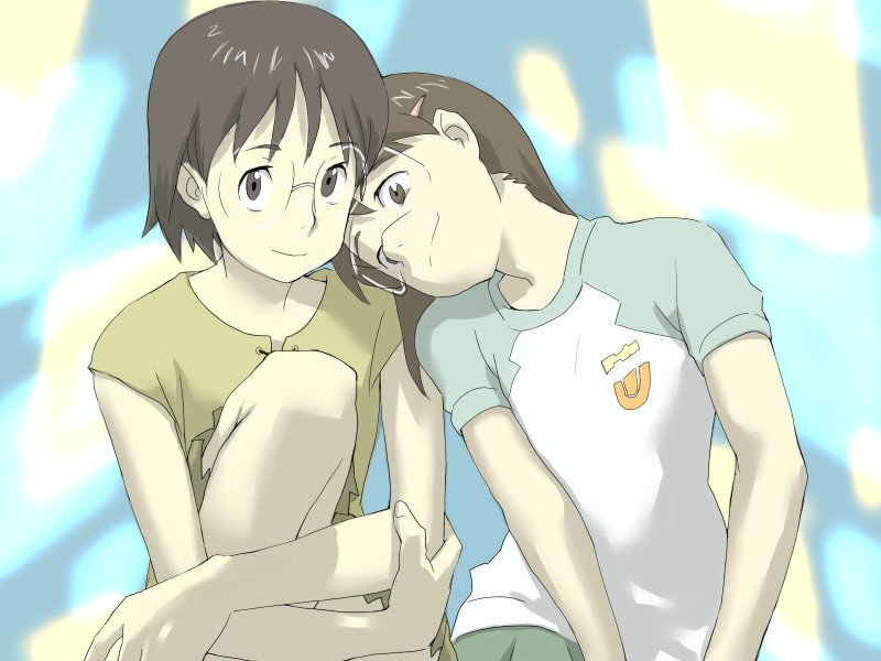 baariya, hashimoto fumie, okonogi yuuko, dennou coil, 00s, 2girls, bare arms, brown eyes, brown hair, closed mouth, couple, glasses, head on another's shoulder, hugging own legs, leaning, leaning on person, leaning to the side, looking at viewer, multiple girls, neck, raglan sleeves, shirt, short hair, short sleeves, side-by-side, smile, t-shirt, yuri