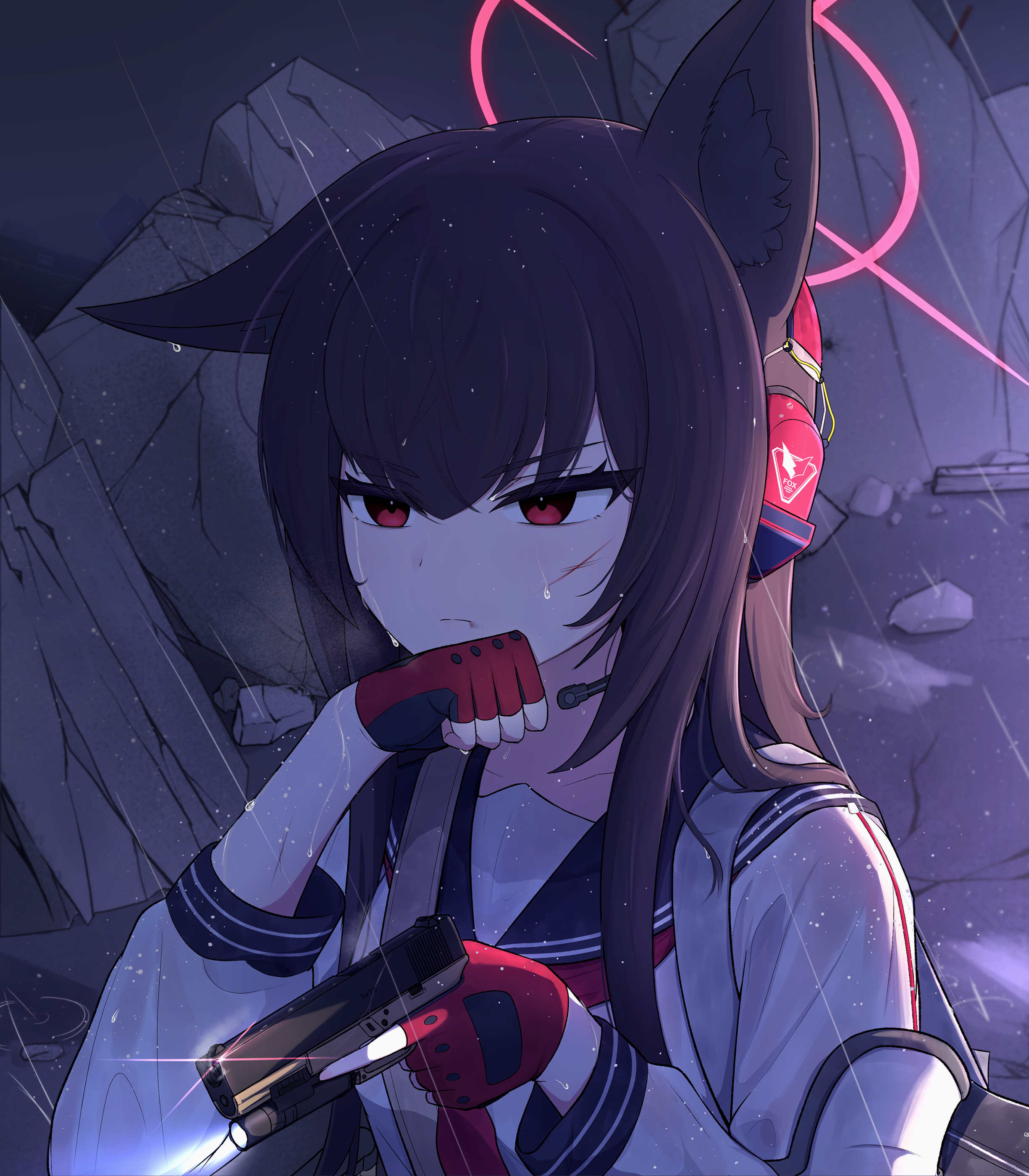 yukino (blue archive), blue archive, absurdres, highres, 1girl, animal ear fluff, animal ears, asuparuch, black hair, blue sailor collar, closed mouth, earmuffs, fingerless gloves, fox ears, fox girl, glock, gloves, gun, hair between eyes, halo, handgun, holding, holding gun, holding weapon, implied extra ears, long hair, neckerchief, red eyes, red gloves, red halo, red neckerchief, sailor collar, scar, scar on face, shirt, sidelocks, solo, upper body, weapon, white shirt