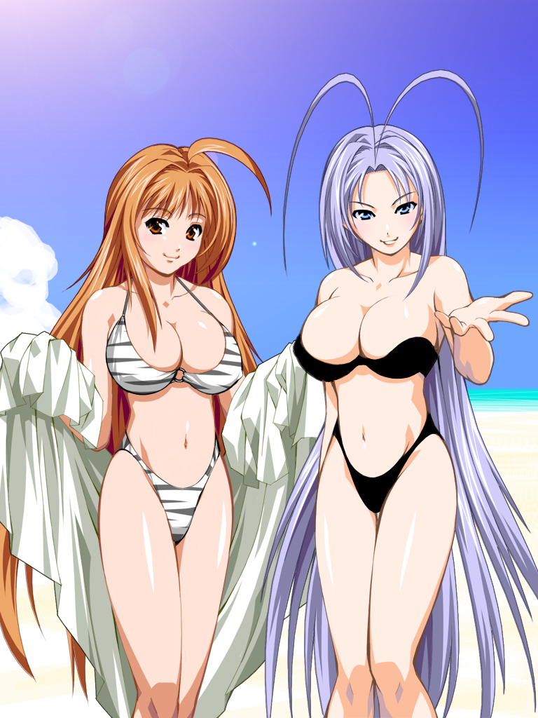 nightmare express, natsume aya, natsume maya, tenjou tenge, 2girls, antenna hair, beach, bikini, blue eyes, blue hair, breasts, large breasts, long hair, multiple girls, orange hair, purple hair, red eyes, red hair, standing, swimsuit