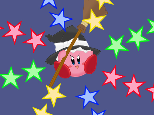 kirby, kirisame marisa, kirby (series), nintendo, touhou, broom, crossover, hat, no humans, parody, solo, star (symbol)
