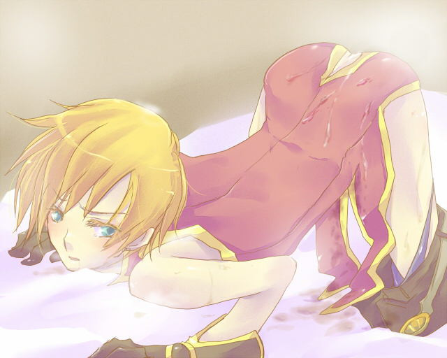 garasukan, wizard (ragnarok online), ragnarok online, commentary request, 1boy, all fours, ass, blonde hair, brown background, brown gloves, brown pants, clothes pull, cum, cum on back, cum on body, feet out of frame, gloves, looking at viewer, male focus, open mouth, pants, pants pull, red shirt, shirt, short hair, sleeveless, sleeveless shirt, solo