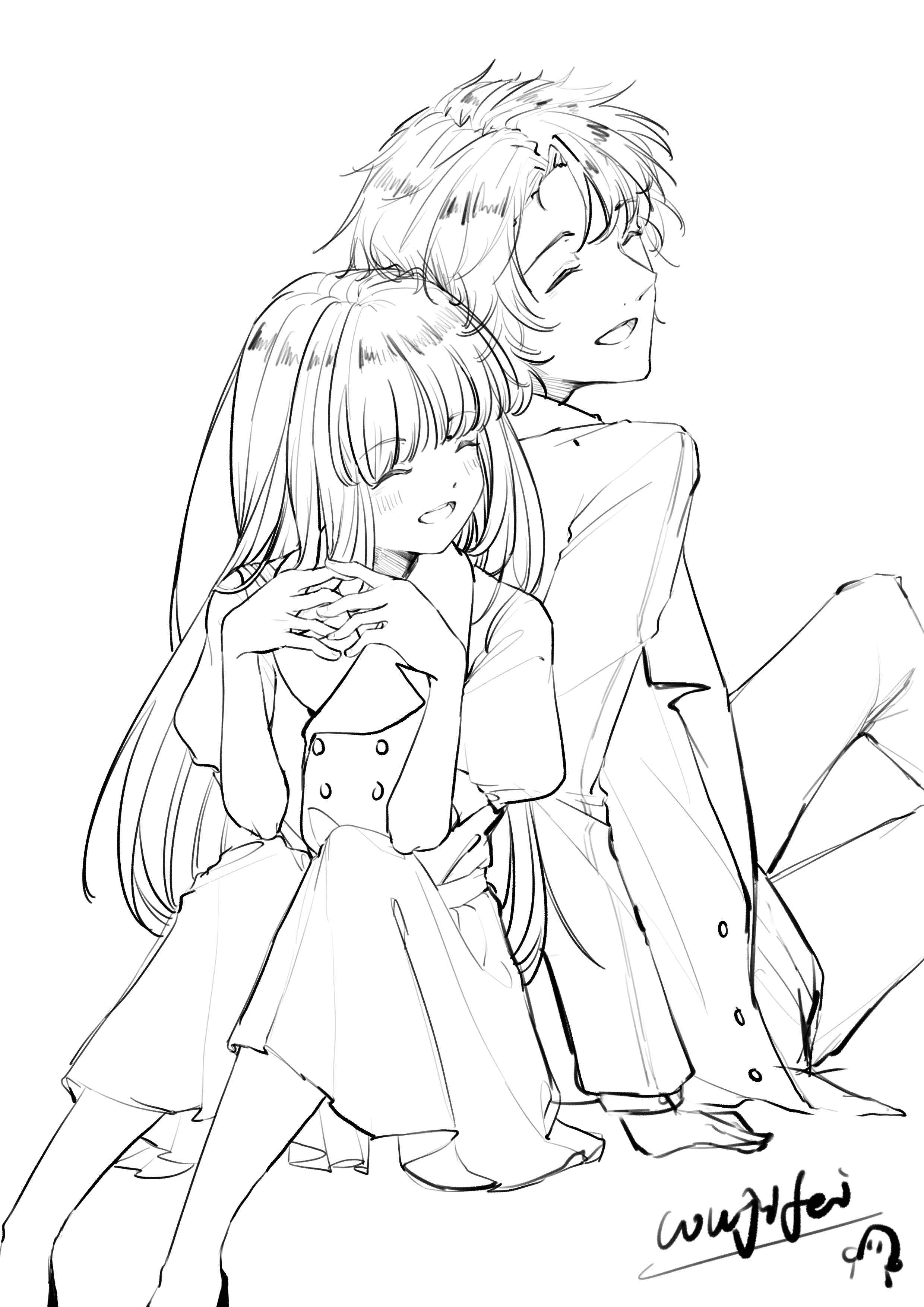 absurdres, highres, 1boy, 1girl, artist name, back-to-back, blush, closed eyes, feet out of frame, greyscale, monochrome, own hands together, rinko-chan to himosugara, school uniform, sitting, smile, white background, xianyu xingzi