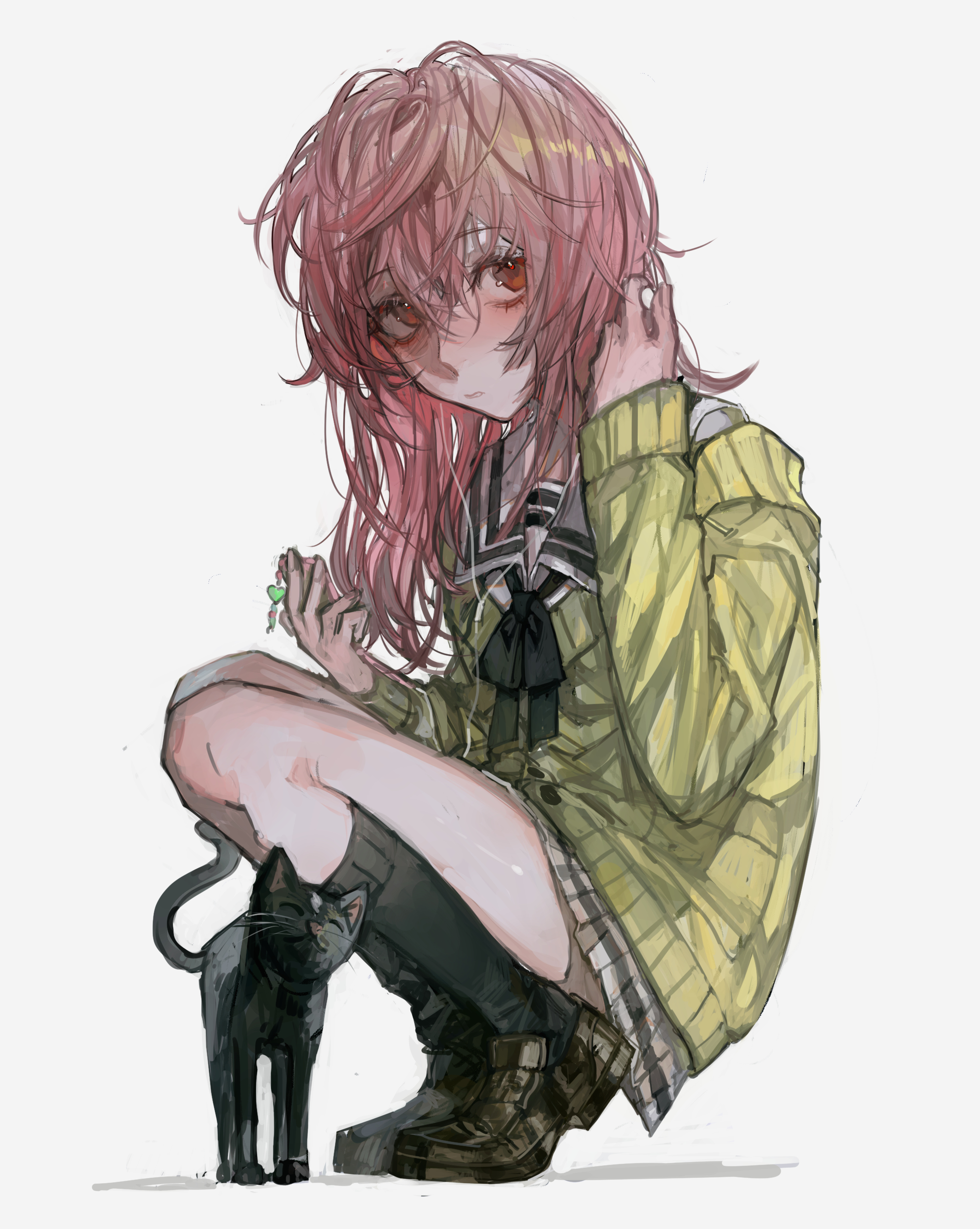 gbsaphira, mukou aoi (totono), kimi to kanojo to kanojo no koi., absurdres, highres, 1girl, adjusting hair, black bow, black bowtie, black cat, black shoes, black socks, bow, bowtie, cardigan, cat, cellphone, closed mouth, eru (totono), hair over shoulder, holding, holding phone, loafers, long hair, long sleeves, messy hair, off shoulder, phone, pink eyes, pink hair, pleated skirt, pocket, sailor collar, school uniform, serafuku, shoes, simple background, skirt, smartphone, socks, squatting, white background, white sailor collar, white serafuku, white skirt, yellow cardigan