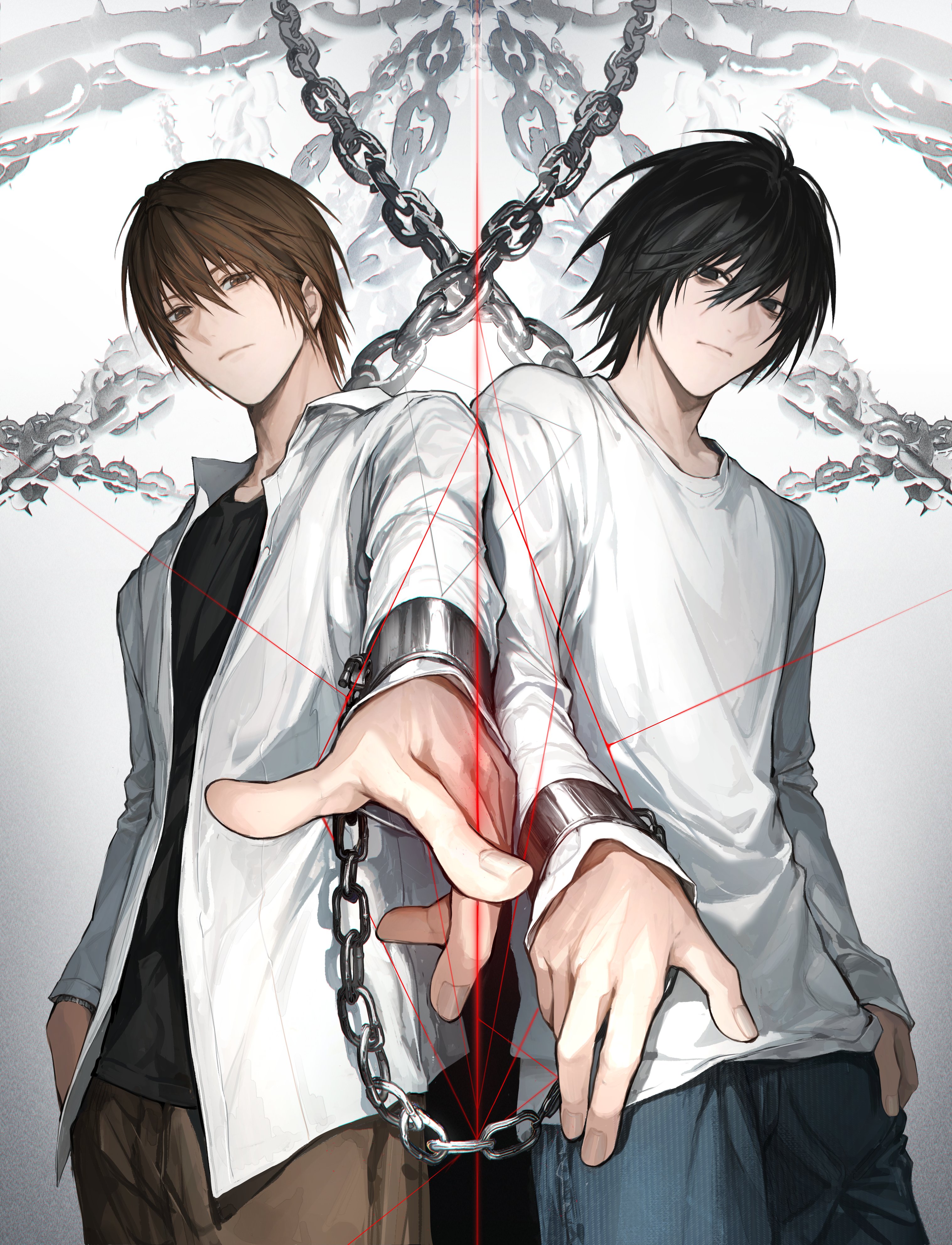 kkamiiz, l (death note), yagami light, death note, absurdres, highres, 2boys, black hair, black shirt, blue pants, brown eyes, brown hair, brown pants, chain, closed mouth, collared shirt, cowboy shot, cuffs, fingernails, from below, hair between eyes, hand in pocket, handcuffs, long sleeves, looking at viewer, male focus, multiple boys, pants, shirt, short hair, white shirt