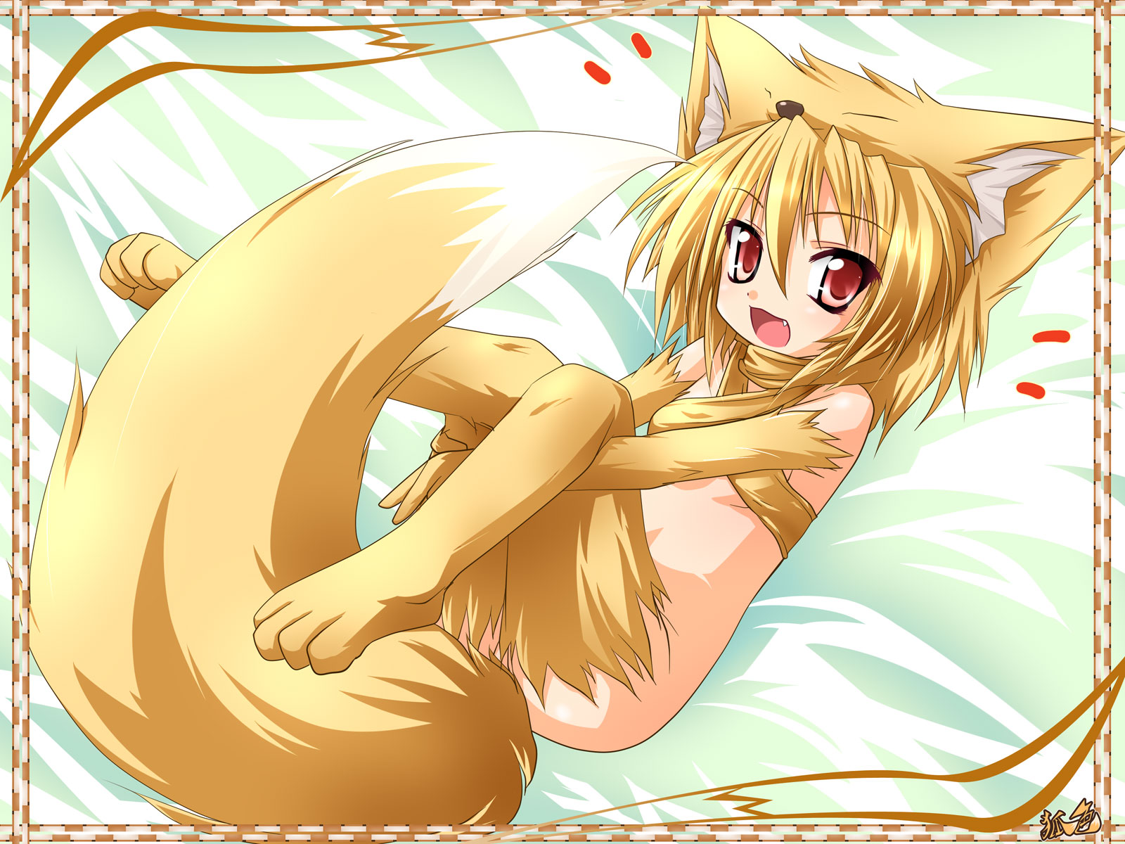kazami karasu, moonlight flower, ragnarok online, highres, 1girl, animal ear fluff, animal ears, blonde hair, female focus, fox ears, fox tail, red eyes, solo, split-toe footwear, tail