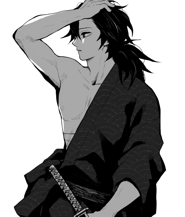 sinba (ying-hua), tomioka giyuu, kimetsu no yaiba, 1boy, arm up, black eyes, black hair, black kimono, collarbone, greyscale, hand on own head, japanese clothes, katana, kimono, long hair, low ponytail, male focus, midriff sarashi, monochrome, nipples, open clothes, open kimono, parted lips, pectorals, ponytail, profile, sarashi, simple background, solo, sword, weapon, white background
