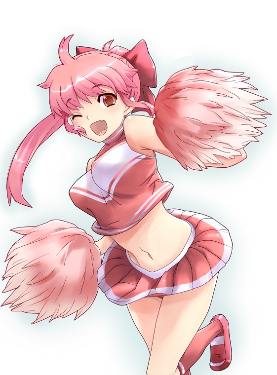 knucklecurve, bad id, bad pixiv id, 1girl, ;), bow, breasts, cheerleader, fang, female focus, happy, large breasts, looking at viewer, midriff, one eye closed, open mouth, pink hair, pom pom (cheerleading), simple background, smile, solo, wink