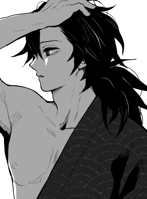sinba (ying-hua), tomioka giyuu, kimetsu no yaiba, 1boy, arm up, black eyes, black hair, black kimono, close-up, collarbone, greyscale, hand on own head, japanese clothes, kimono, long hair, low ponytail, male focus, midriff sarashi, monochrome, nipples, open clothes, open kimono, parted lips, pectorals, ponytail, profile, sarashi, simple background, solo, upper body, white background