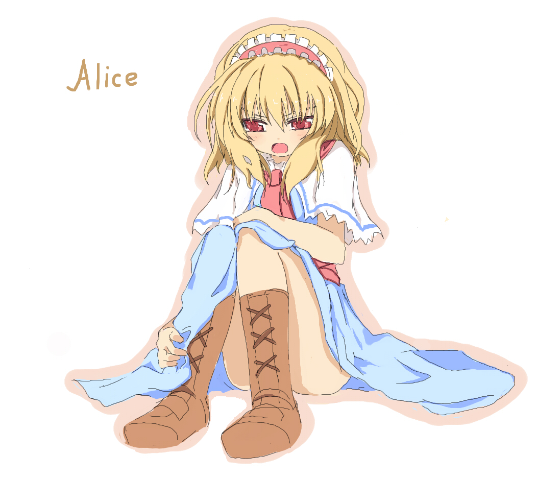 shino (eefy), alice margatroid, touhou, 1girl, adjusting clothes, angry, ascot, blonde hair, blush, boots, brown boots, capelet, character name, female focus, hairband, outline, red eyes, sitting, solo