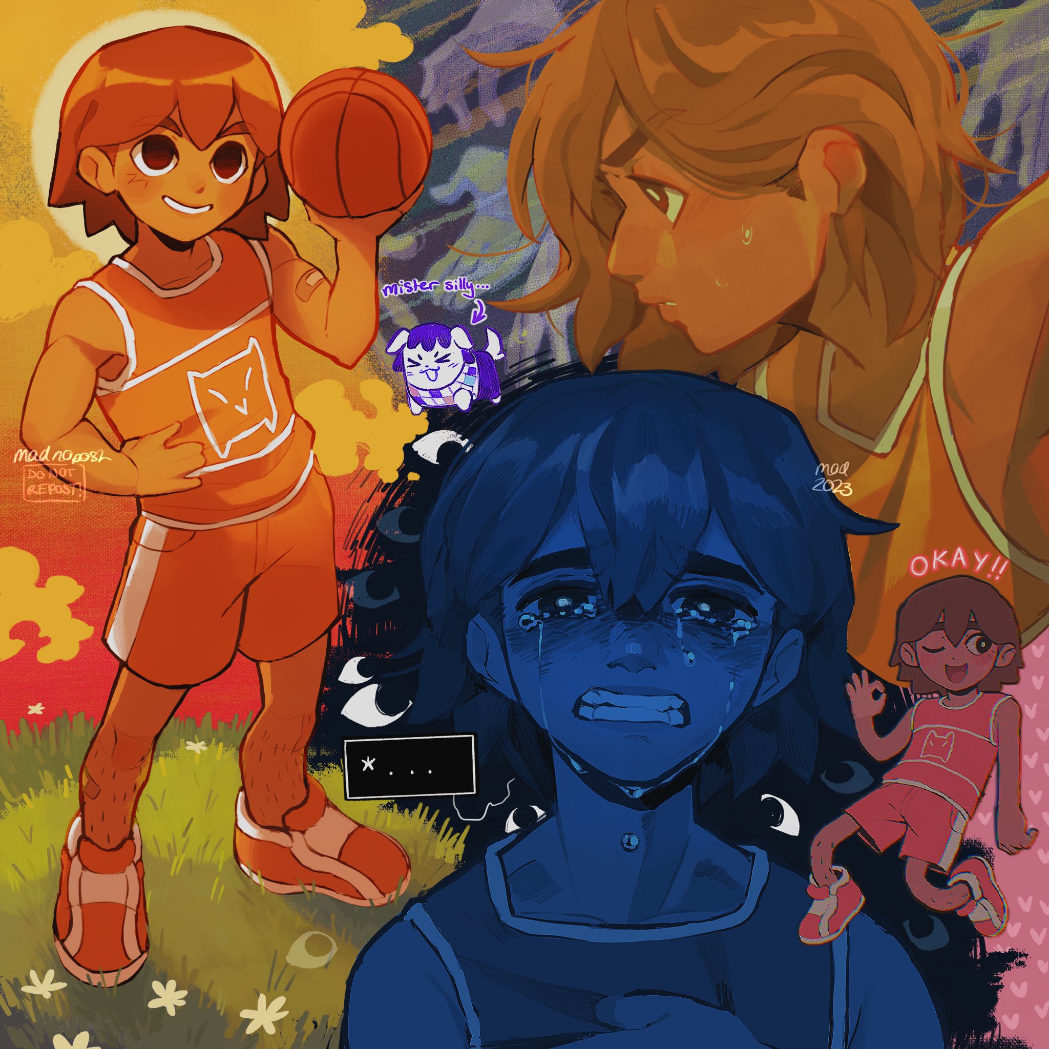 madnopost, kel (faraway) (omori), kel (headspace) (omori), kel (omori), omori, highres, 1boy, 2023, animalization, arrow (symbol), ball, bandaid, bandaid on arm, bandaid on leg, basketball (object), bright pupils, brown eyes, brown hair, clenched teeth, crying, crying with eyes open, dog, double-parted bangs, english text, hand on own hip, holding, holding ball, looking at viewer, male focus, ok sign, one eye closed, orange shoes, orange shorts, parted lips, shoes, short hair, shorts, sneakers, solo, tears, teeth, white pupils