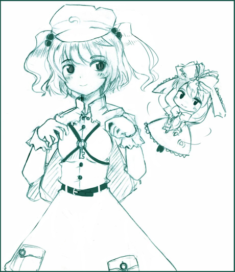 takaharu, kagiyama hina, kawashiro nitori, touhou, 2girls, aqua theme, chibi, female focus, front ponytail, monochrome, multiple girls, two side up