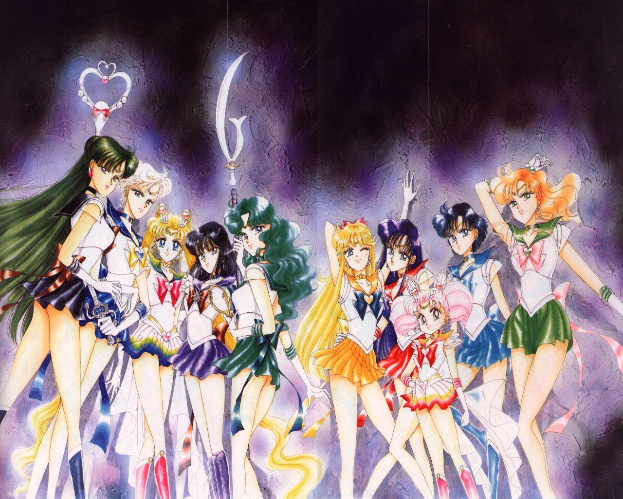 takeuchi naoko, aino minako, chibi usa, hino rei, kaiou michiru, kino makoto, meiou setsuna, mizuno ami, sailor chibi moon, sailor jupiter, sailor mars, sailor mercury, sailor moon, sailor neptune, sailor pluto, sailor saturn, sailor uranus, sailor venus, super sailor chibi moon, super sailor moon, ten'ou haruka, tomoe hotaru, tsukino usagi, bishoujo senshi sailor moon, bishoujo senshi sailor moon s, bishoujo senshi sailor moon supers, black neckwear, purple footwear, 1990s (style), 6+girls, blue bow, blue sailor collar, blue skirt, bob cut, boots, bow, brooch, brown bow, child, cone hair bun, deep aqua mirror, garnet rod, glaive (polearm), green skirt, hair bun, half updo, heart, heart brooch, holding, holding polearm, holding spear, holding weapon, jewelry, knee boots, magical girl, mirror, multicolored skirt, multiple girls, orange skirt, pink boots, pink bow, polearm, purple skirt, red bow, red skirt, retro artstyle, sailor collar, sailor senshi, silence glaive, skirt, space sword, spear, sword, weapon, yellow bow
