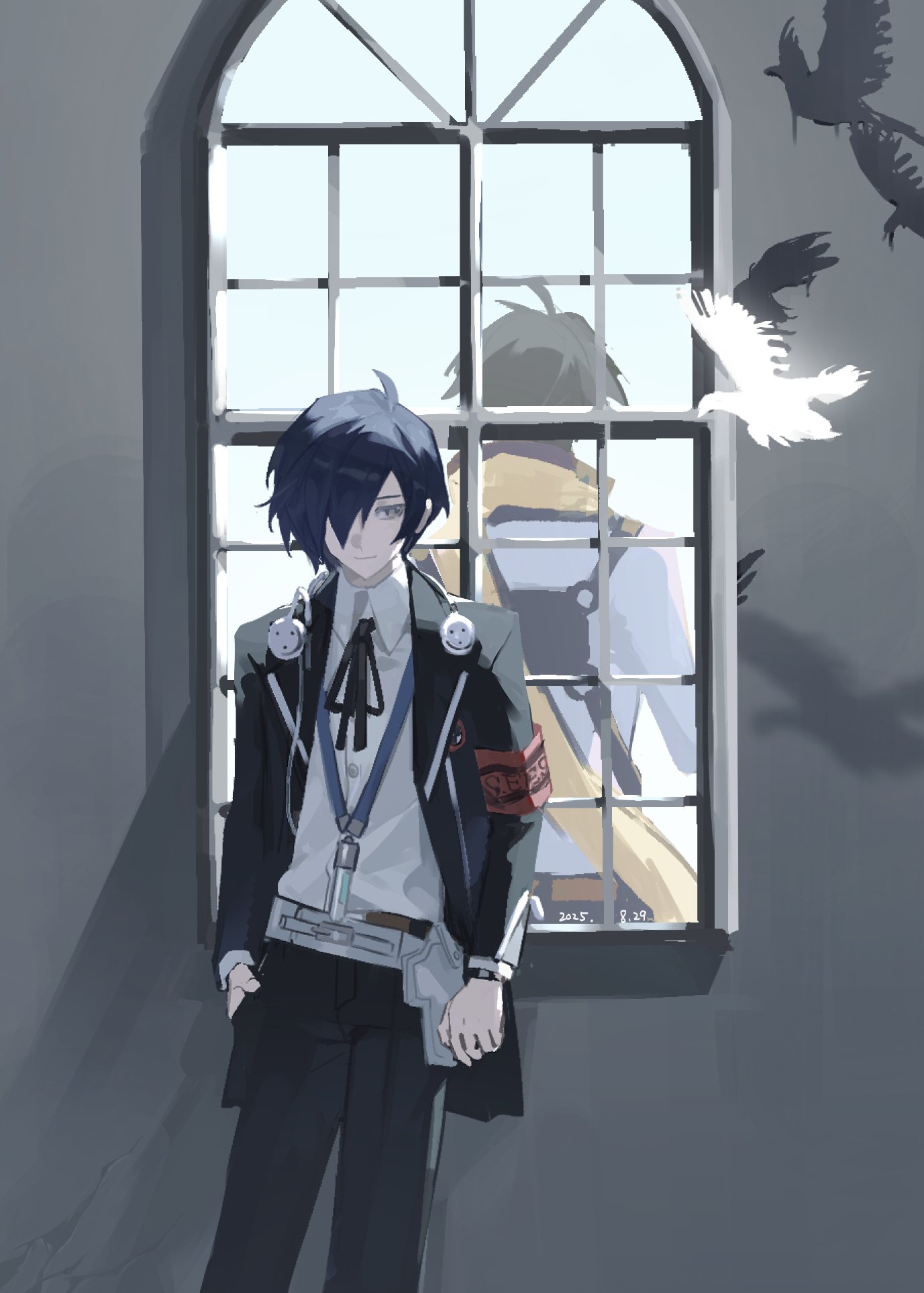 arinnixxx1103, mochizuki ryouji, yuuki makoto (persona 3), persona, persona 3, highres, 2boys, bird, black hair, black jacket, blue hair, closed mouth, collared shirt, from behind, hair over one eye, jacket, long sleeves, male focus, multiple boys, one eye covered, open clothes, open jacket, scarf, shadow, shirt, short hair, standing, white bird, white shirt, window, yellow scarf