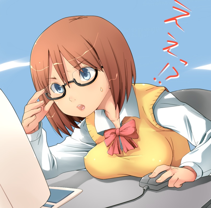 knucklecurve, bad id, bad pixiv id, adjusting eyewear, computer, computer keyboard, glasses, monitor, solo, sweatdrop