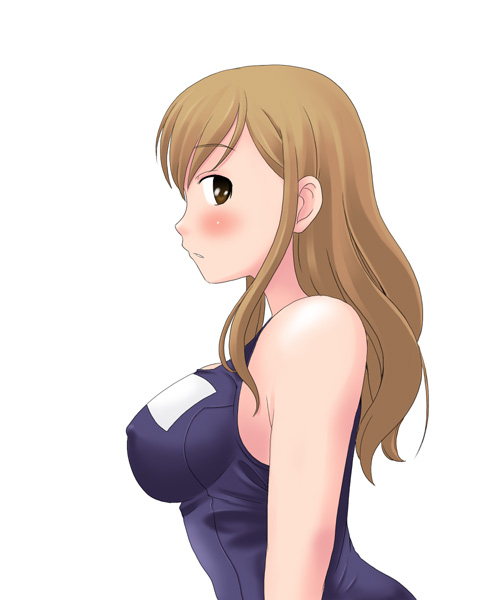 toshifumi, toudou shimako, maria-sama ga miteru, 00s, 1girl, blush, breasts, brown eyes, brown hair, covered erect nipples, female focus, large breasts, long hair, one-piece swimsuit, school swimsuit, solo, swimsuit
