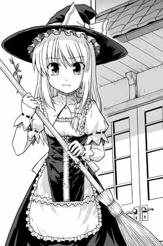 tsuyadashi shuuji, kirisame marisa, touhou, lowres, 1girl, broom, dress, female focus, greyscale, hat, monochrome, outdoors, solo
