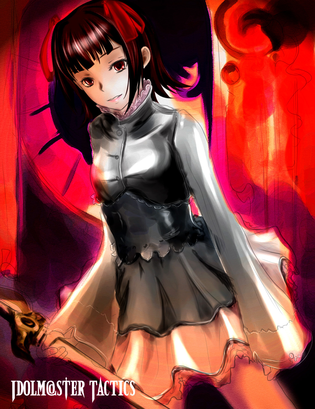 asaki yuki, amami haruka, dark haruka, idolmaster, idolmaster (classic), idolmaster 1, bad id, bad pixiv id, highres, 00s, 1girl, black dress, blunt bangs, dress, dutch angle, female focus, long sleeves, looking at viewer, pleated dress, red eyes, red hair, solo, standing